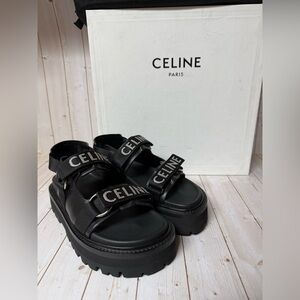 Celine Outdoor Bulky Platform Sandals with Logo Straps Black Sz 38 / 8